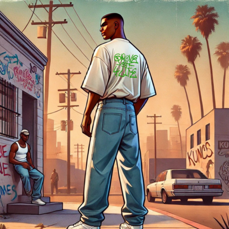 Personagem baseado no GTA San Andreas utilizando camiseta branca escrito "Grove St 4 Life"