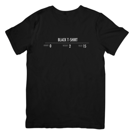 Camiseta inspirada no menu de itens de Skyrim, com estampa que representa os status dos equipamentos do jogo, perfeita para fãs da franquia
