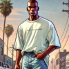 Personagem baseado no GTA San Andreas utilizando camiseta branca escrito "Ah Shit Here We Go Again"
